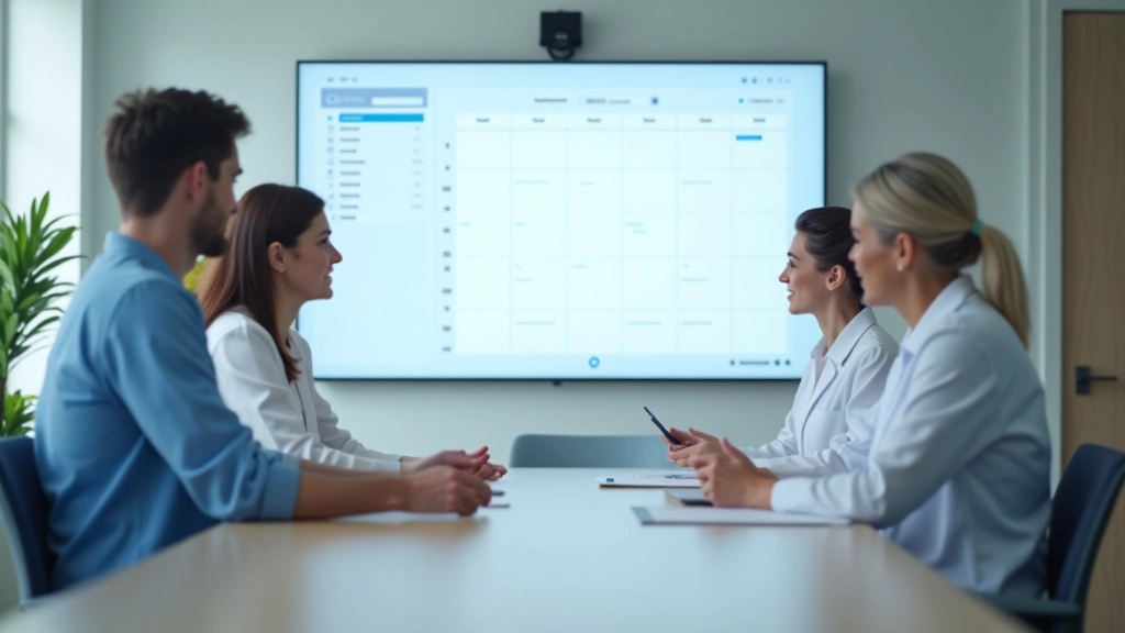 Medical team meeting with calendar scheduling system visible on screen
