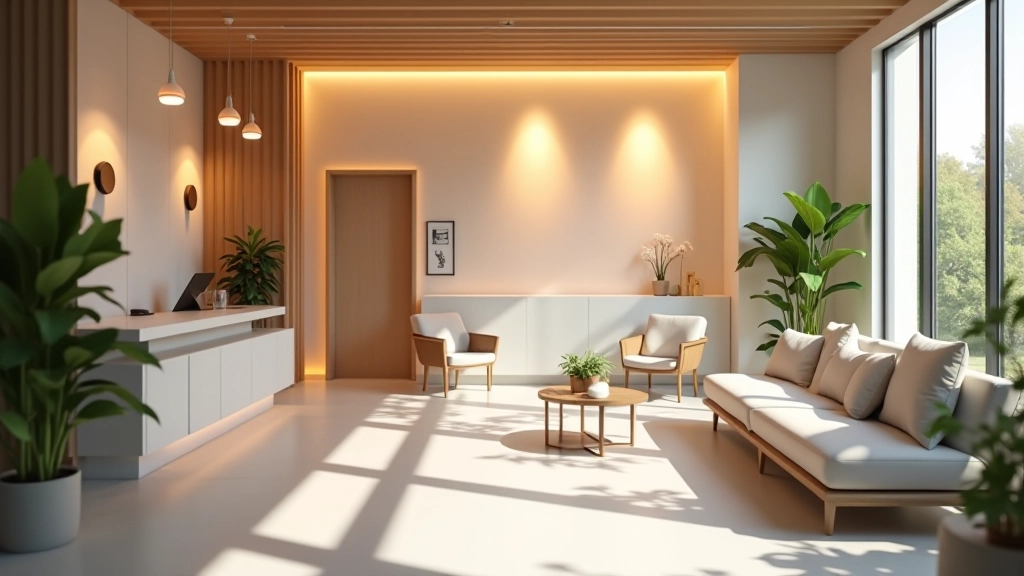 Reception area dello studio medico con design calmo e accogliente