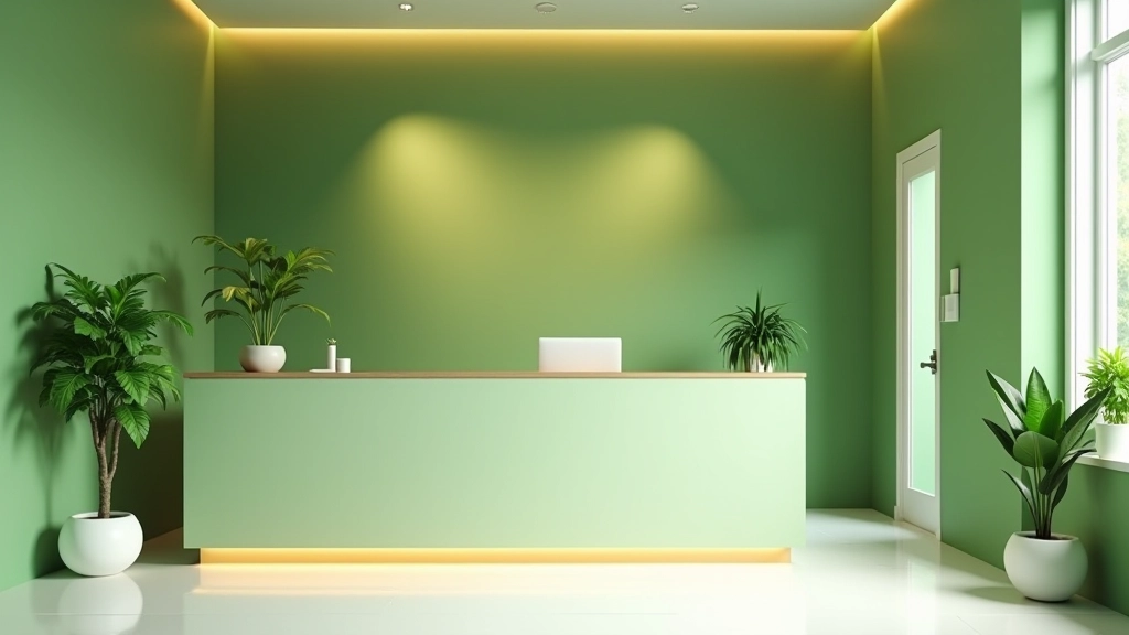 Professional medical reception area with calm green tones and comfortable seating