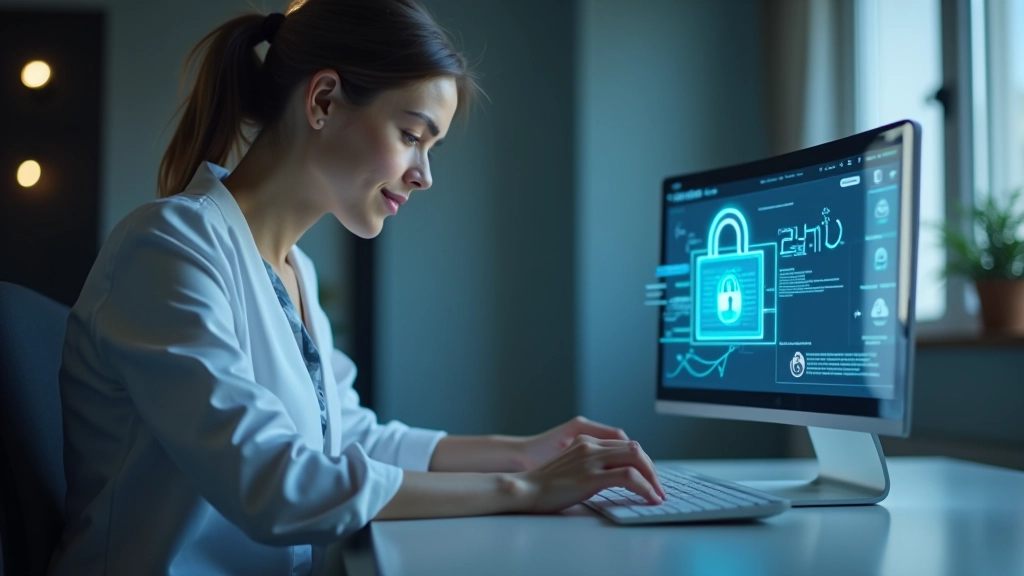 Professionista che gestisce dati pazienti in modo sicuro con crittografia e protocolli di protezione